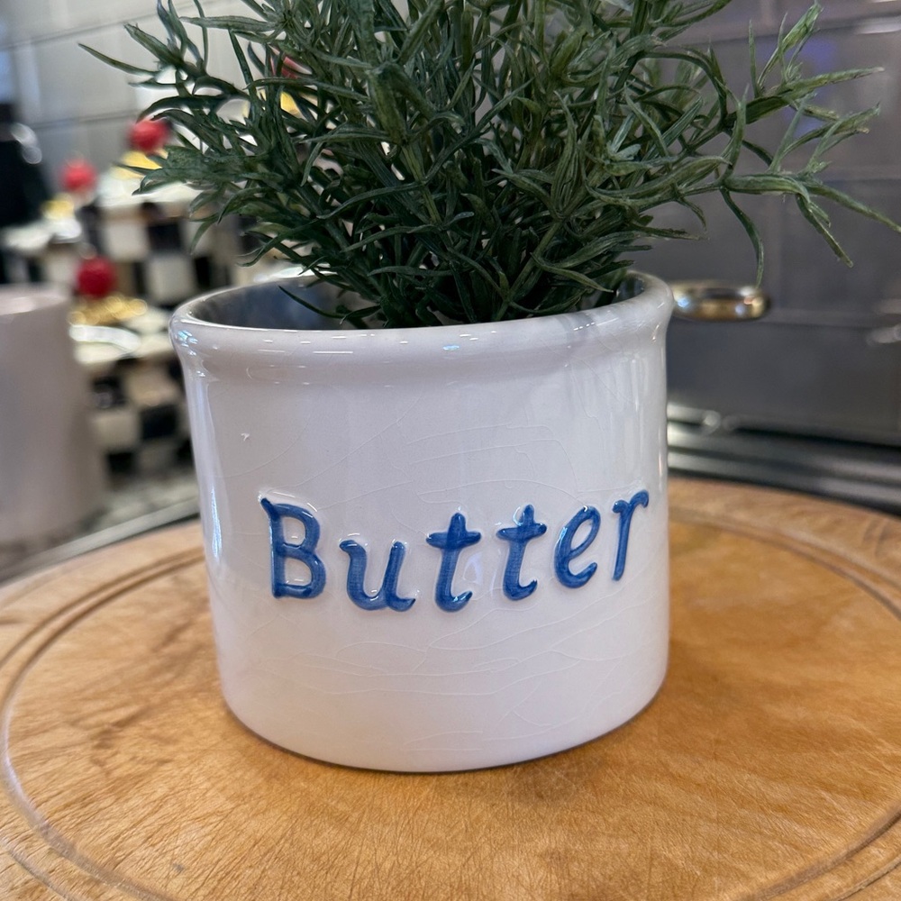 Vintage White Butter Crock with Blue Lettering